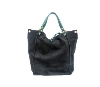 Bolso piel afelpada negro con asas y tirador verdes