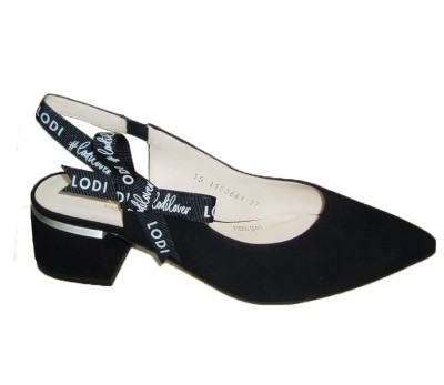 Lodi Calen zapato destalonado en ante negro con cinta de logos, modelo Dior.