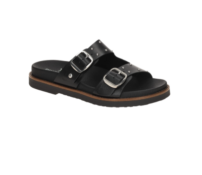 Sandalia de piel de color negro de dos tiras en empeine, graduables con hebilla.