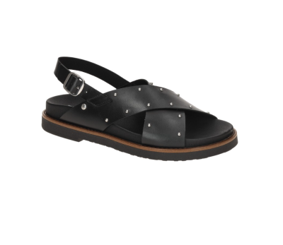 Sandalia de piel color negro, de tiras cruzadas en empeine y tira atras sujeta con hebilla.