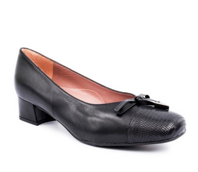Zapato corte salón combinando piel y tejus color negro adorno lazo 