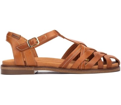 Sandalia Pikolinos modelo Navia de puntera cerrada, en piel de primera calidad, color brandy.