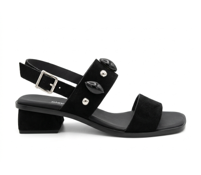 Sandalia de ante negro de vestir, con adornos de piedras al tono.