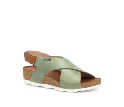 Mahon sandalia cuña mujer piel verde cruzada velcro