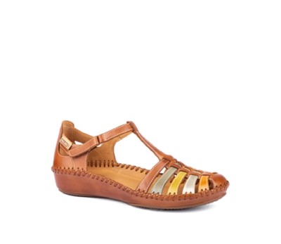Sandalia mujer piel brandy puntera cerrada velcro.