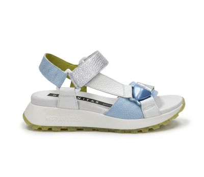 Sandalias de piel montana color blaco, plata y celeste con planta forrada entera de piel y piso volumen