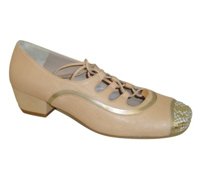 Zapato gales mujer piel combinada oro/beige cordón 