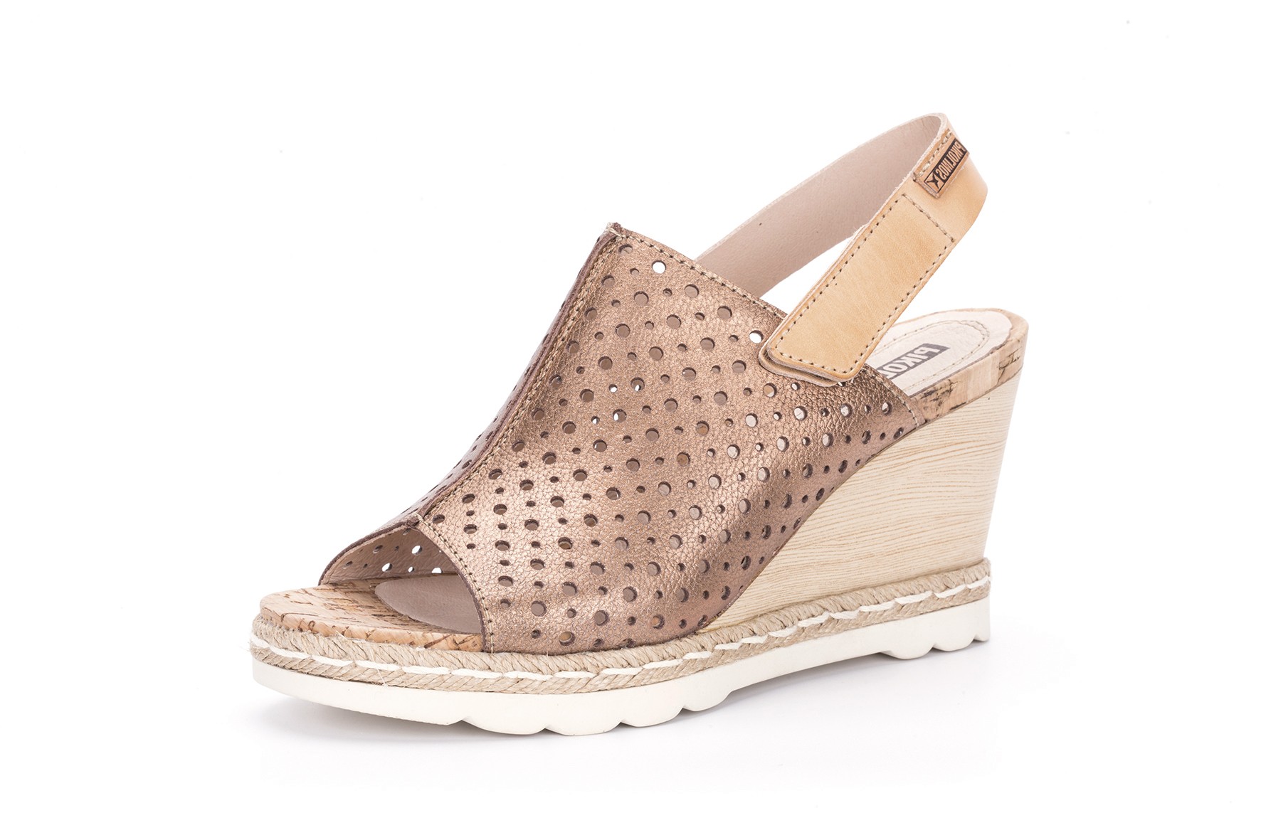 Sandalia abotinada mujer piel troquelada bronce cuña - Sandalias cuña