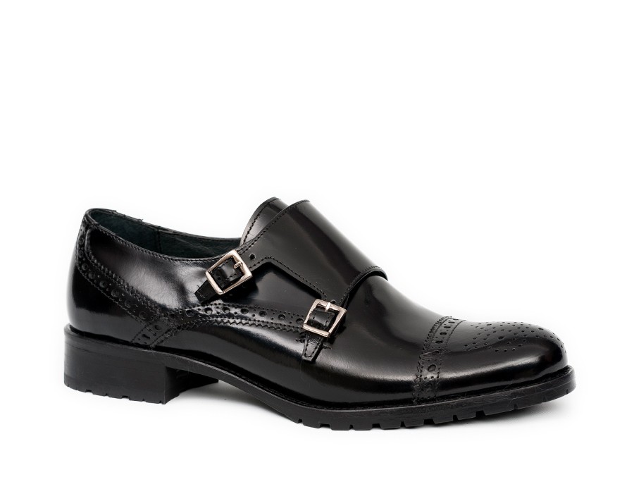 Zapato mujer piel florentique negro 2 hebillas Zapatos planos Mujer