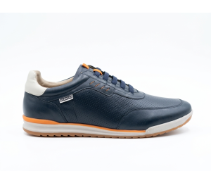 Zapato deportivo de hobre en piel color azul con detalles en hielo y orange