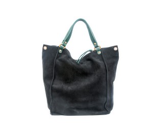 Bolso piel afelpada negro con asas y tirador verdes