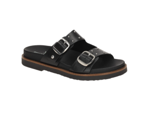 Sandalia de piel de color negro de dos tiras en empeine, graduables con hebilla.