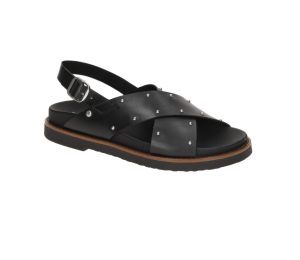 Sandalia de piel color negro, de tiras cruzadas en empeine y tira atras sujeta con hebilla.