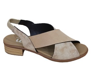 Sandalia mujer de tiras cruzadas en piel combinada con ante en color camel.