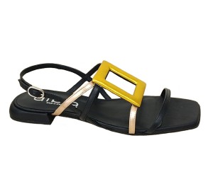Sandalia plana mujer piel negro/oro