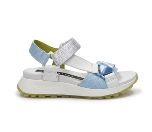 Sandalias de piel montana color blaco, plata y celeste con planta forrada entera de piel y piso volumen