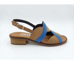 Sandalias de vestir de tacón bajo en ante color cuero combinado con azul