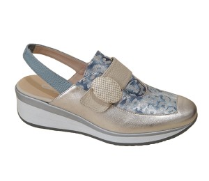 Zapato destalonado mujer piel platino/azul