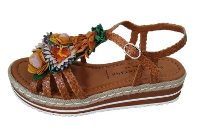 Sandalia mujer piel trenzado cuero adorno flores Sandalias cuña